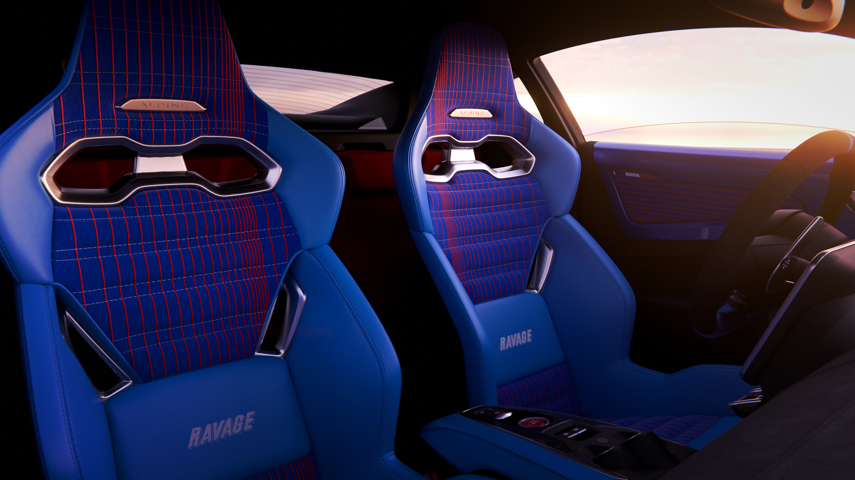 Ravage A110 Groupe 4 – interieieur de voiture de sport française sur mesure bleue - r5 turbo - harnais sabelt - harnais ravage