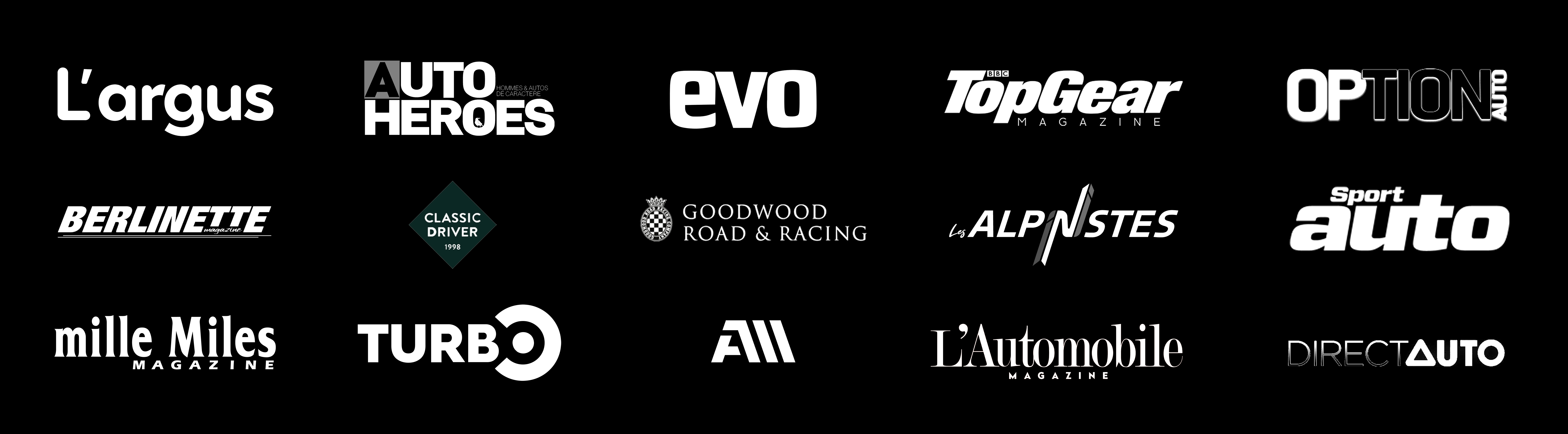 logos l'argus- auto heroes - evo - topgear -option auto - classic driver -goodwood road & racing  - les alpinistes - sport auto - m6 turbo- automoto - l'automobile magazine